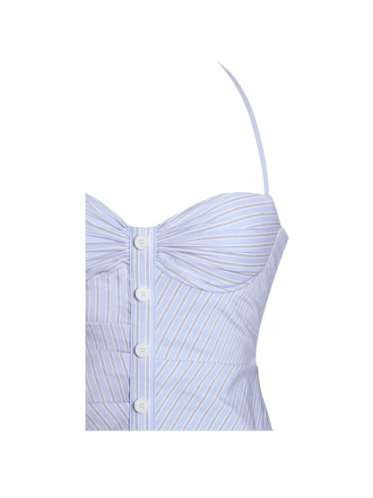 Close-up of sweetheart bustier bodice with white button details and pleating