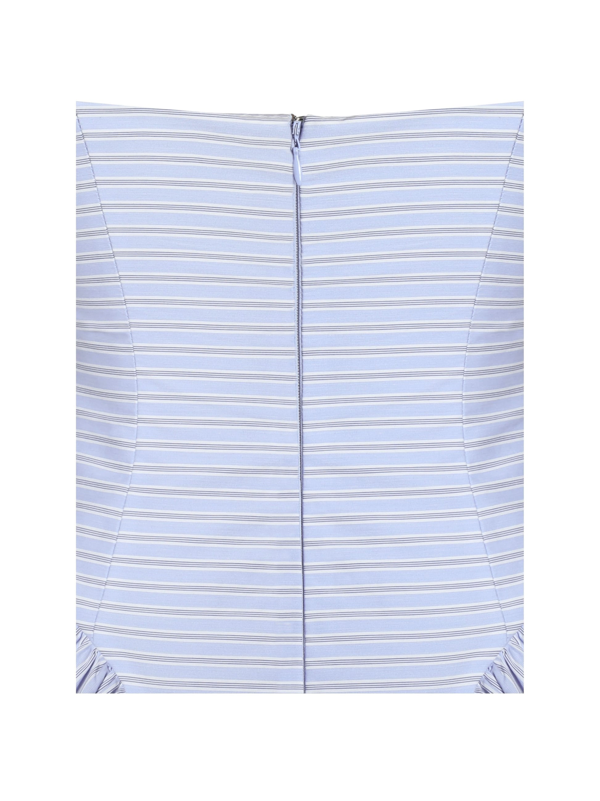 Back seam detail of blue striped mini dress with center zipper closure