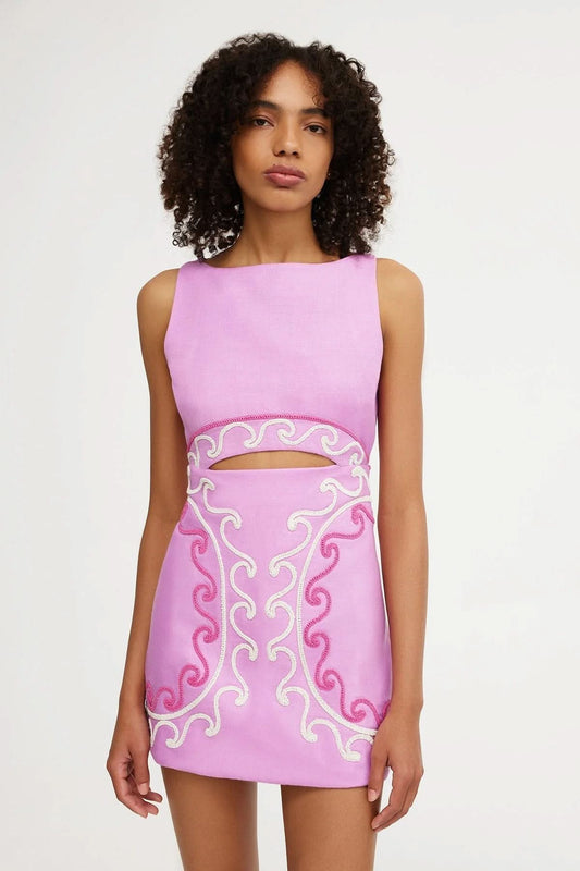 Pink mini dress with white and hot pink embroidered scrollwork cutout detail for women