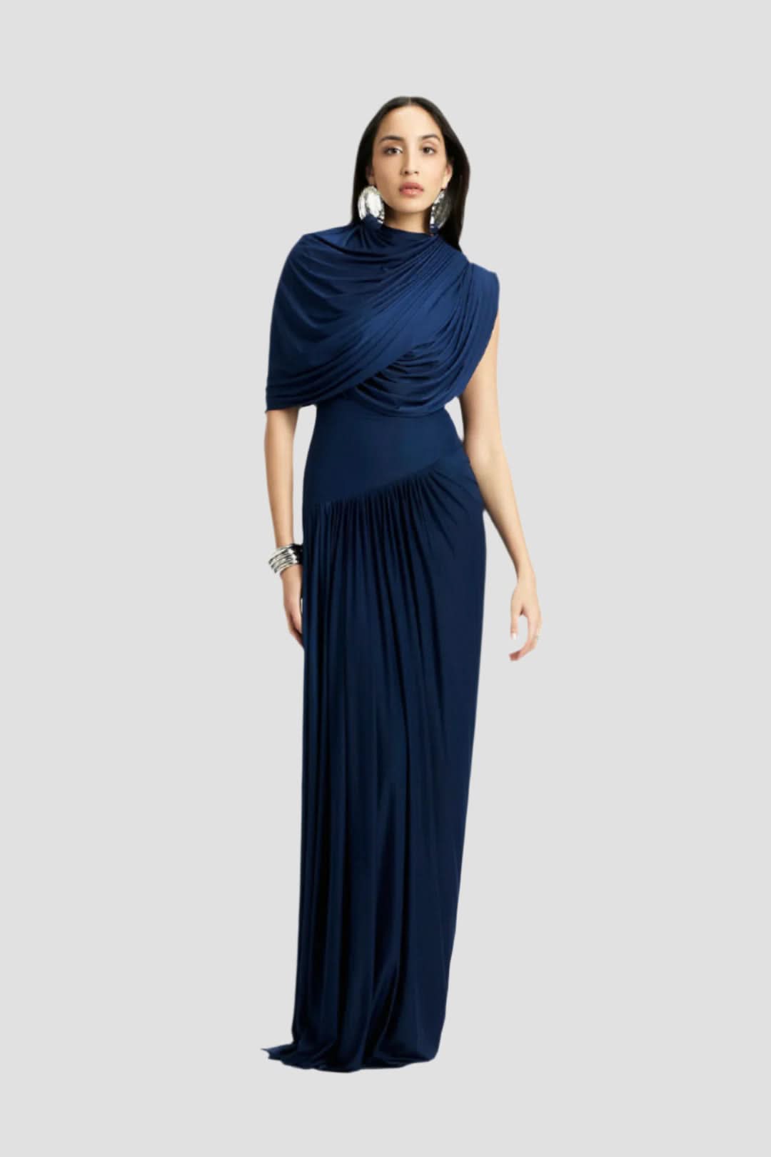 Navy wrap maxi dress with draped shoulder wrap and floor-length skirt