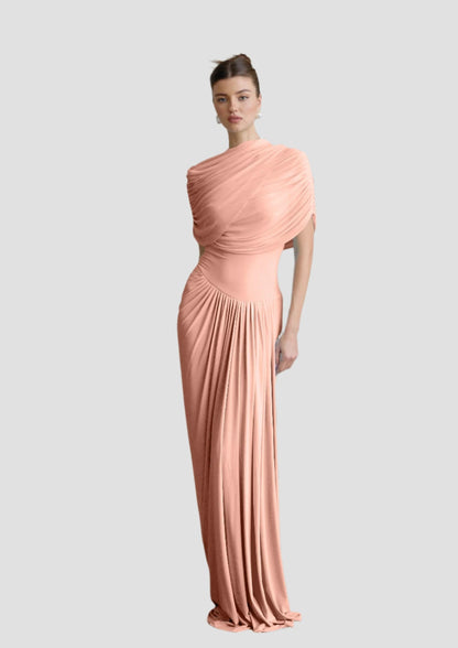 Peach wrap maxi dress with diagonal draped shoulder and pleated skirt