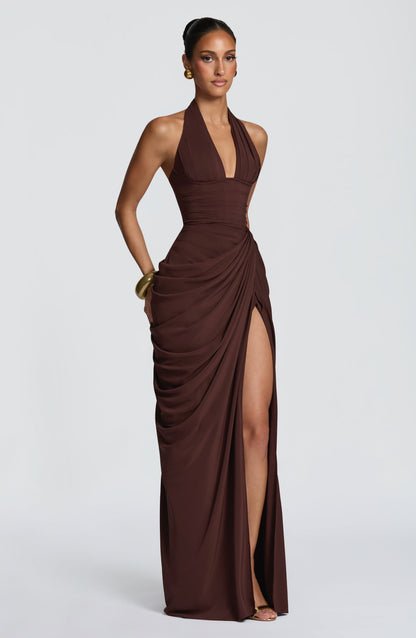 MINETTE | HALTER MAXI DRESS - Chocolate Brown