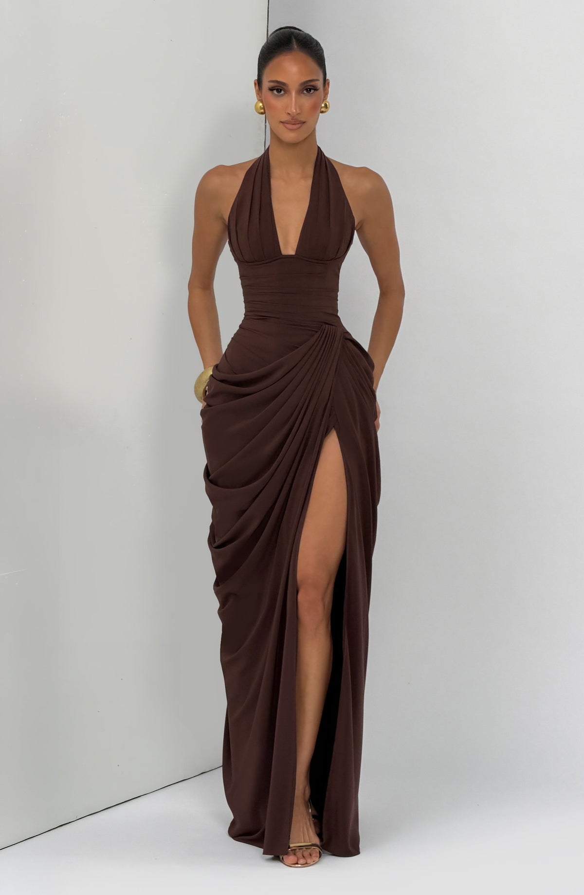 MINETTE | HALTER MAXI DRESS - Chocolate Brown