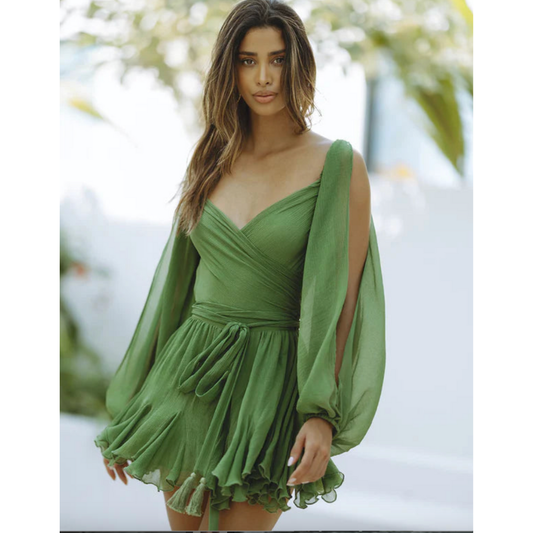 Green wrap mini dress with billowing sleeves and ruffled hem