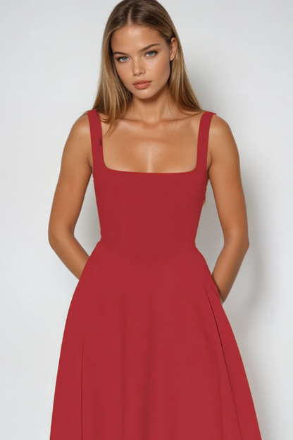 Red sleeveless midi dress close-up of square neckline detail
