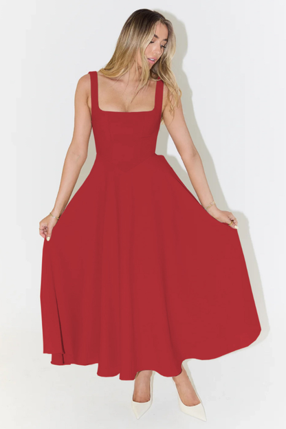 Red sleeveless midi dress with square neckline and full circular skirt