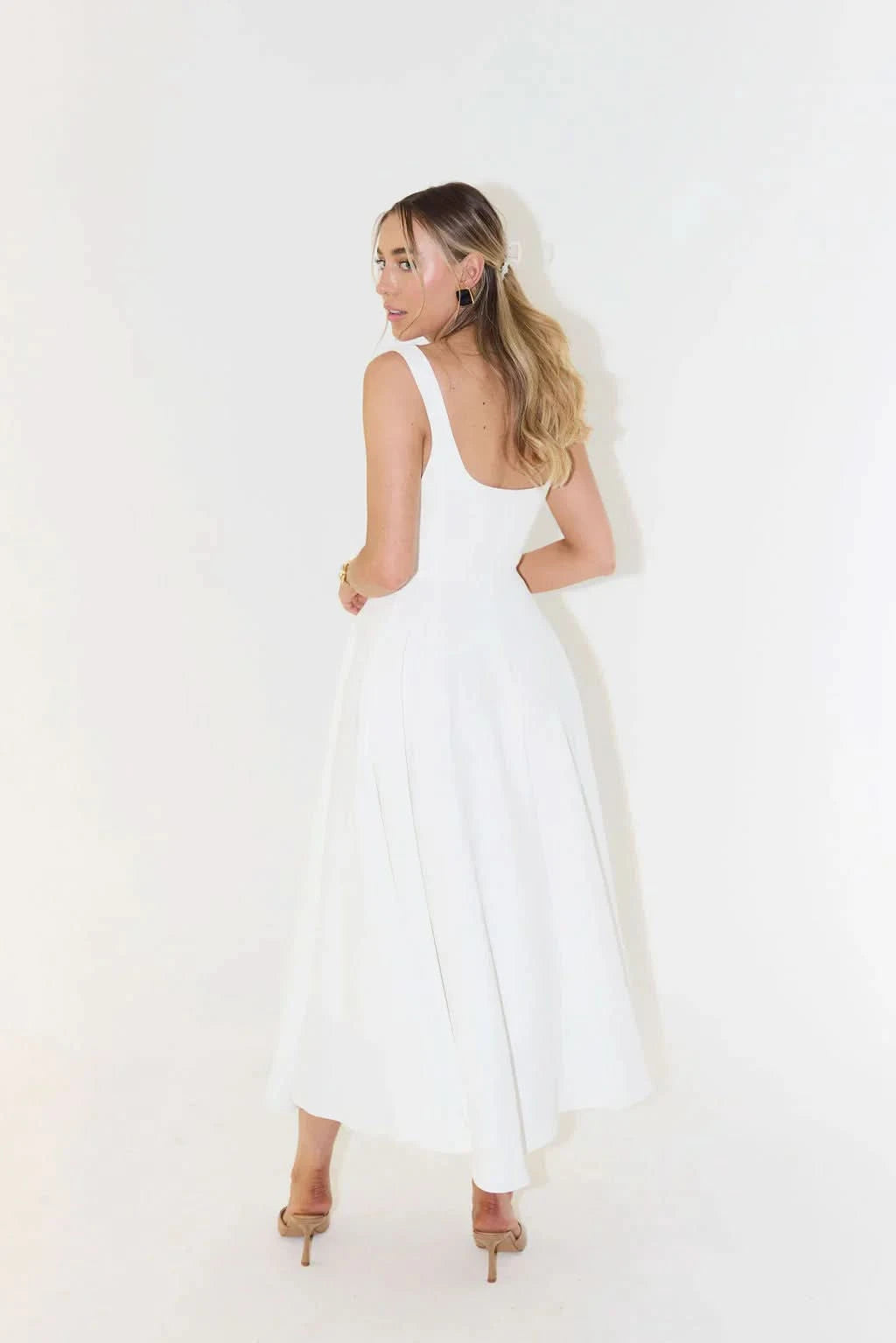 White sleeveless square-neck midi dress with side pockets