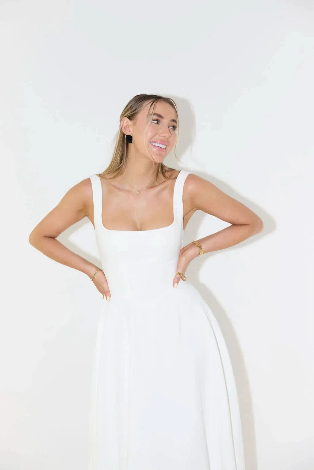 White midi dress front view with fitted bodice and full skirt