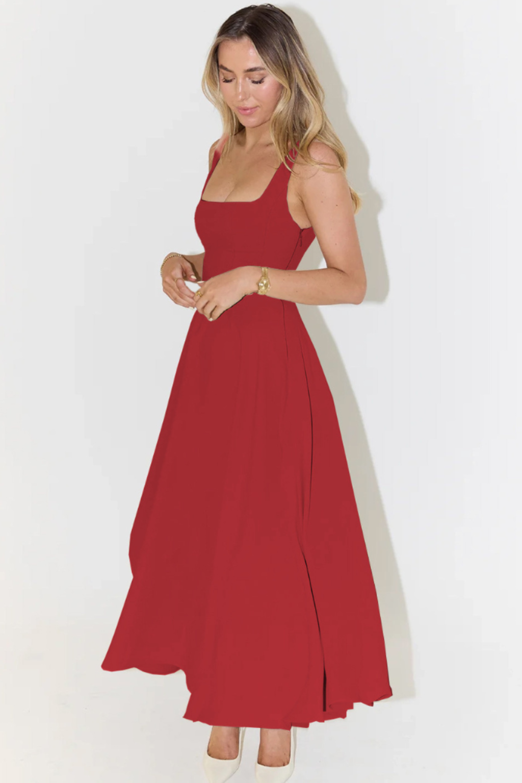 Red sleeveless square-neck midi dress with flowing skirt