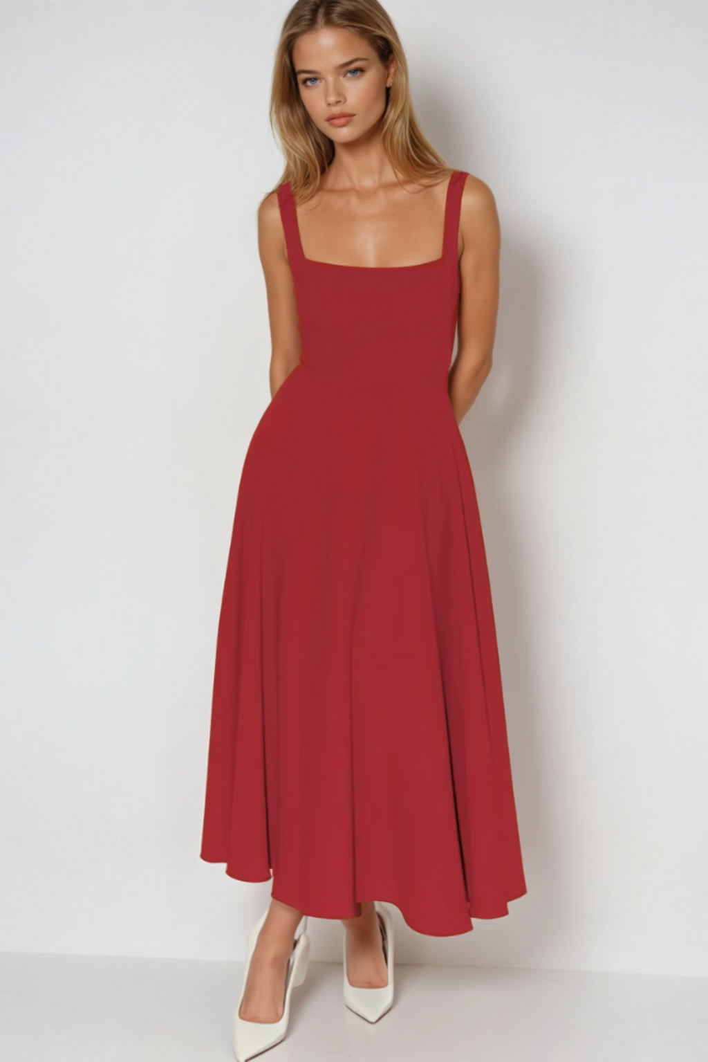 Red midi dress front view with fitted waist and flared hem