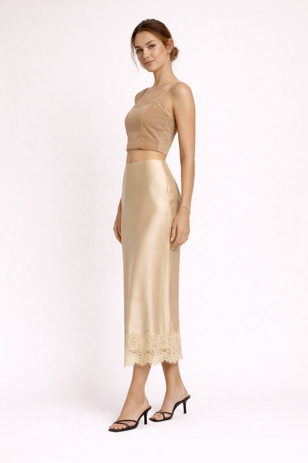 MIREYA | LACE TRIM MAXI SKIRT - Champagne