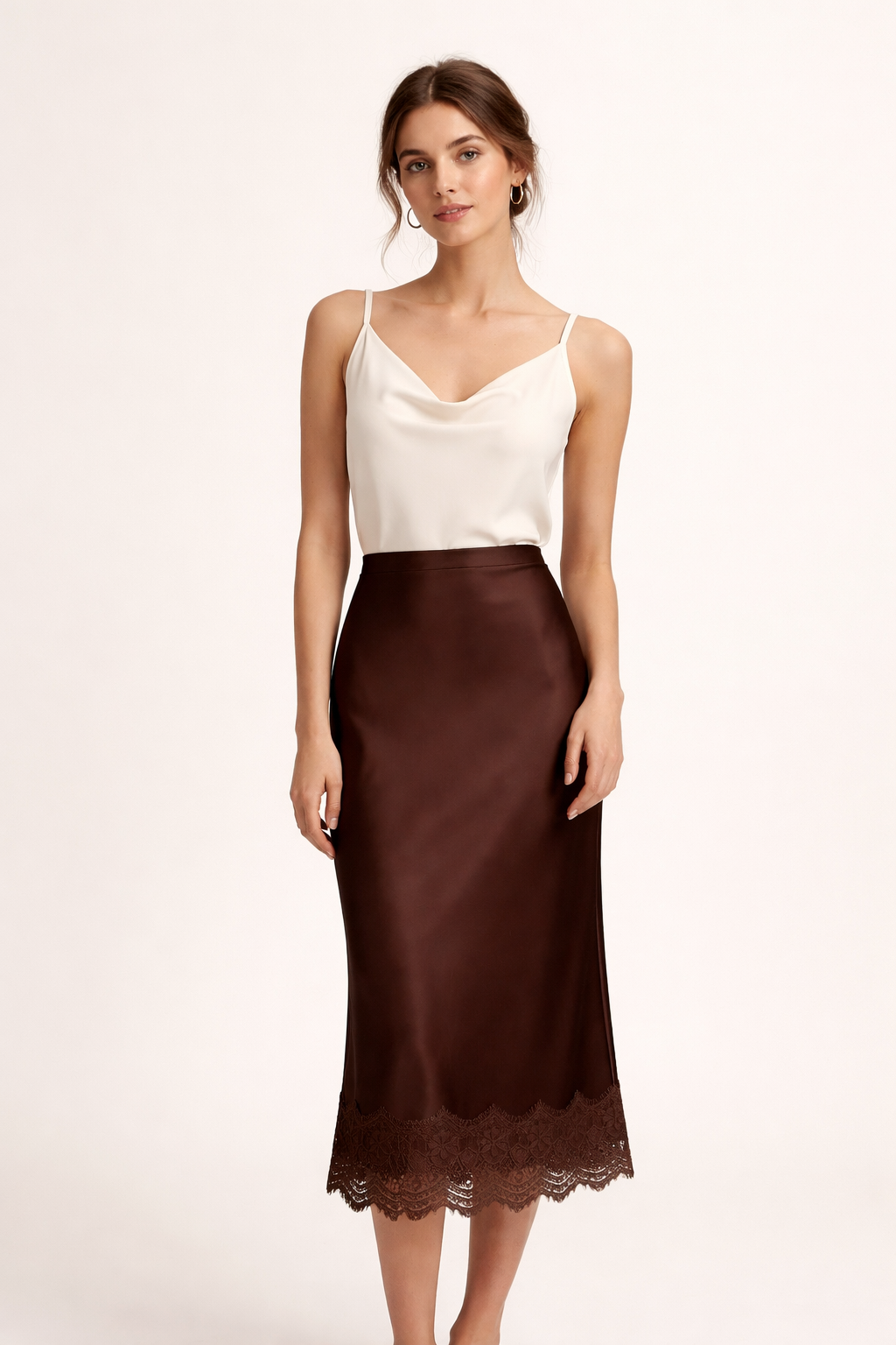 MIREYA | LACE TRIM MAXI SKIRT - Chocolate Brown