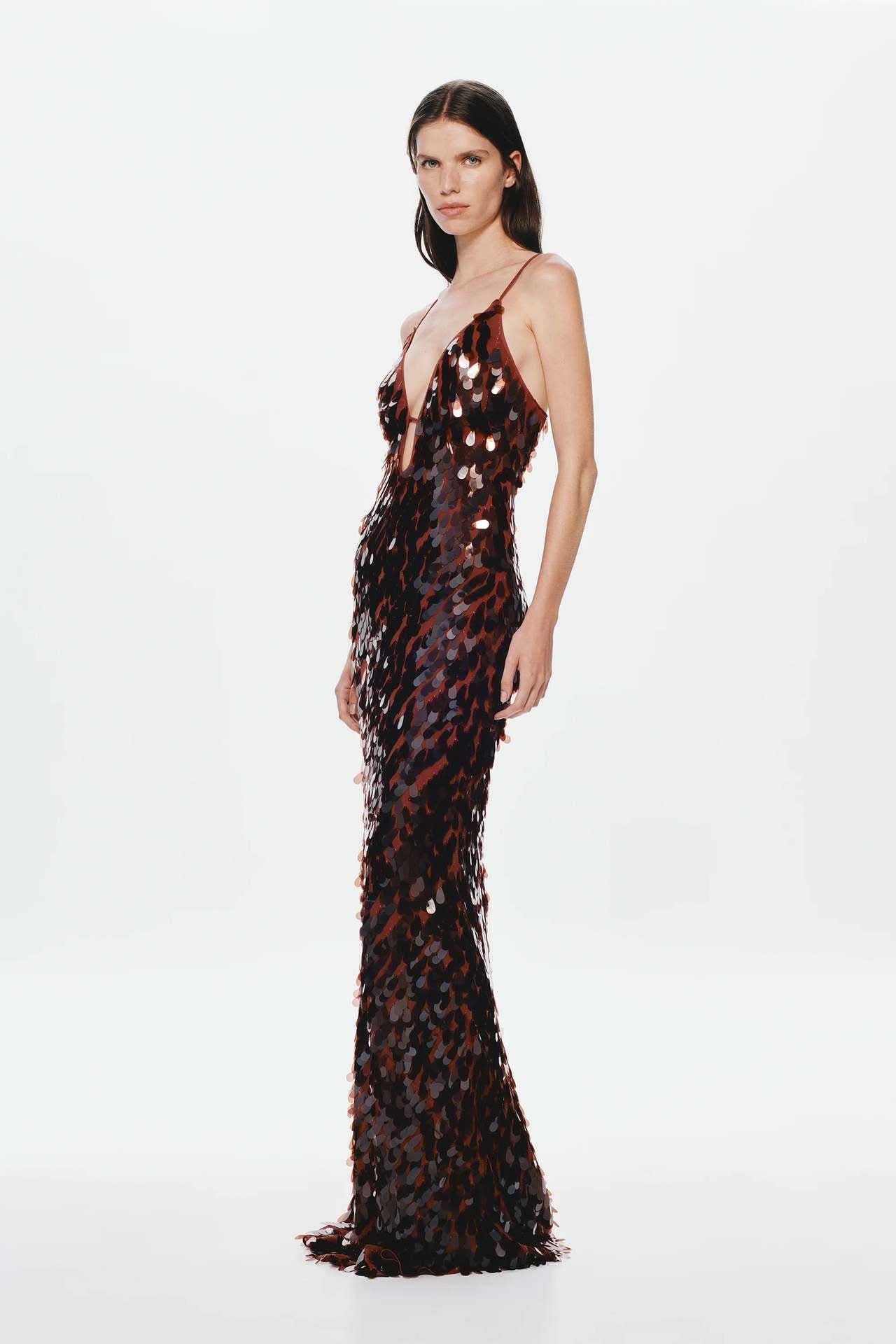 Black and burgundy ombre sequin maxi dress with plunging neckline