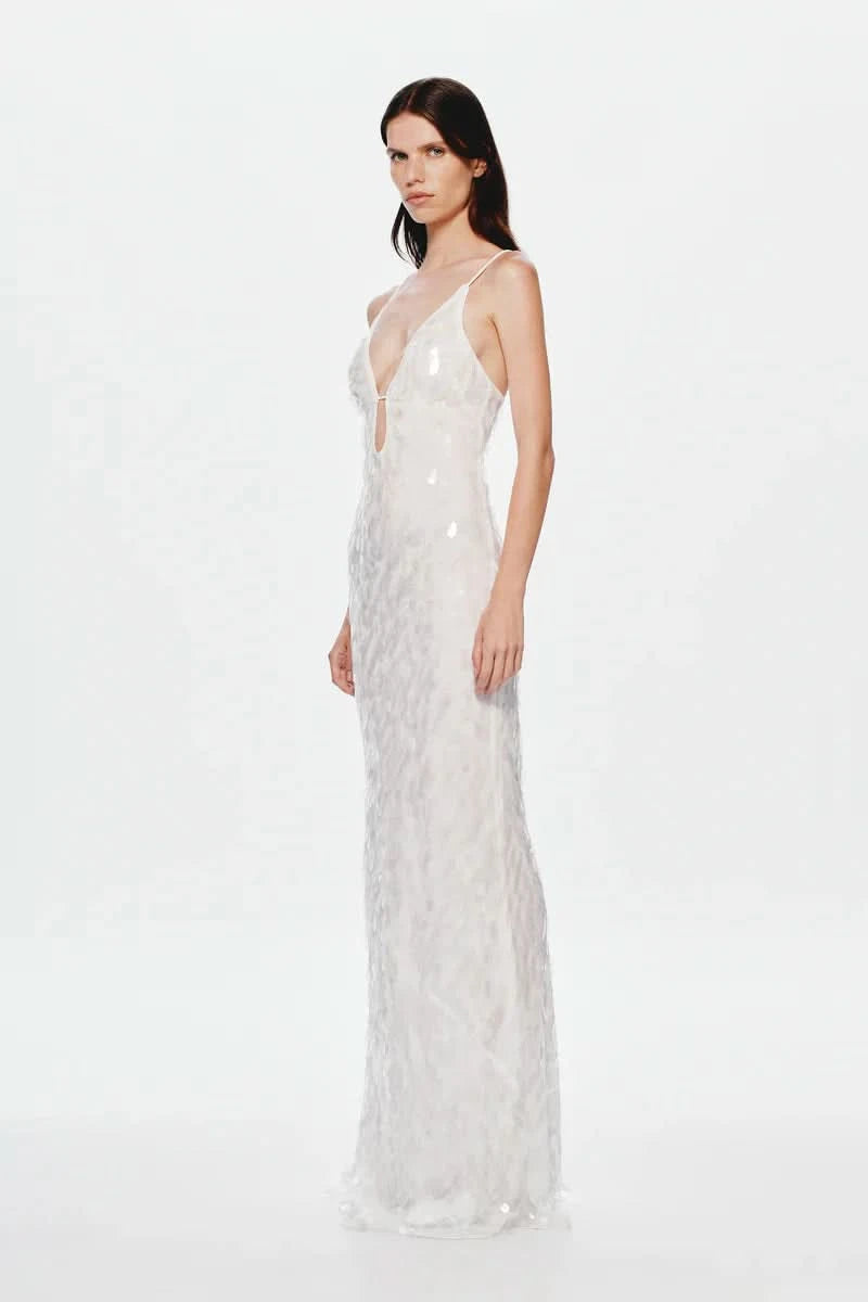 Ivory sequin v-neck maxi dress with delicate camisole straps