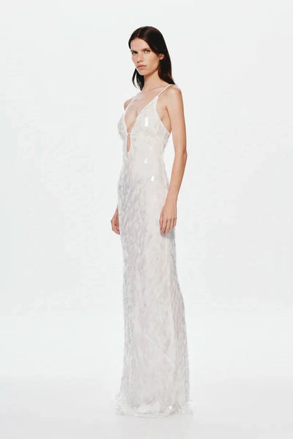 Ivory sequin v-neck maxi dress with delicate camisole straps