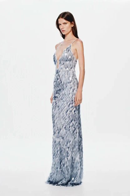 Blue and white abstract patterned maxi dress with deep v-neckline