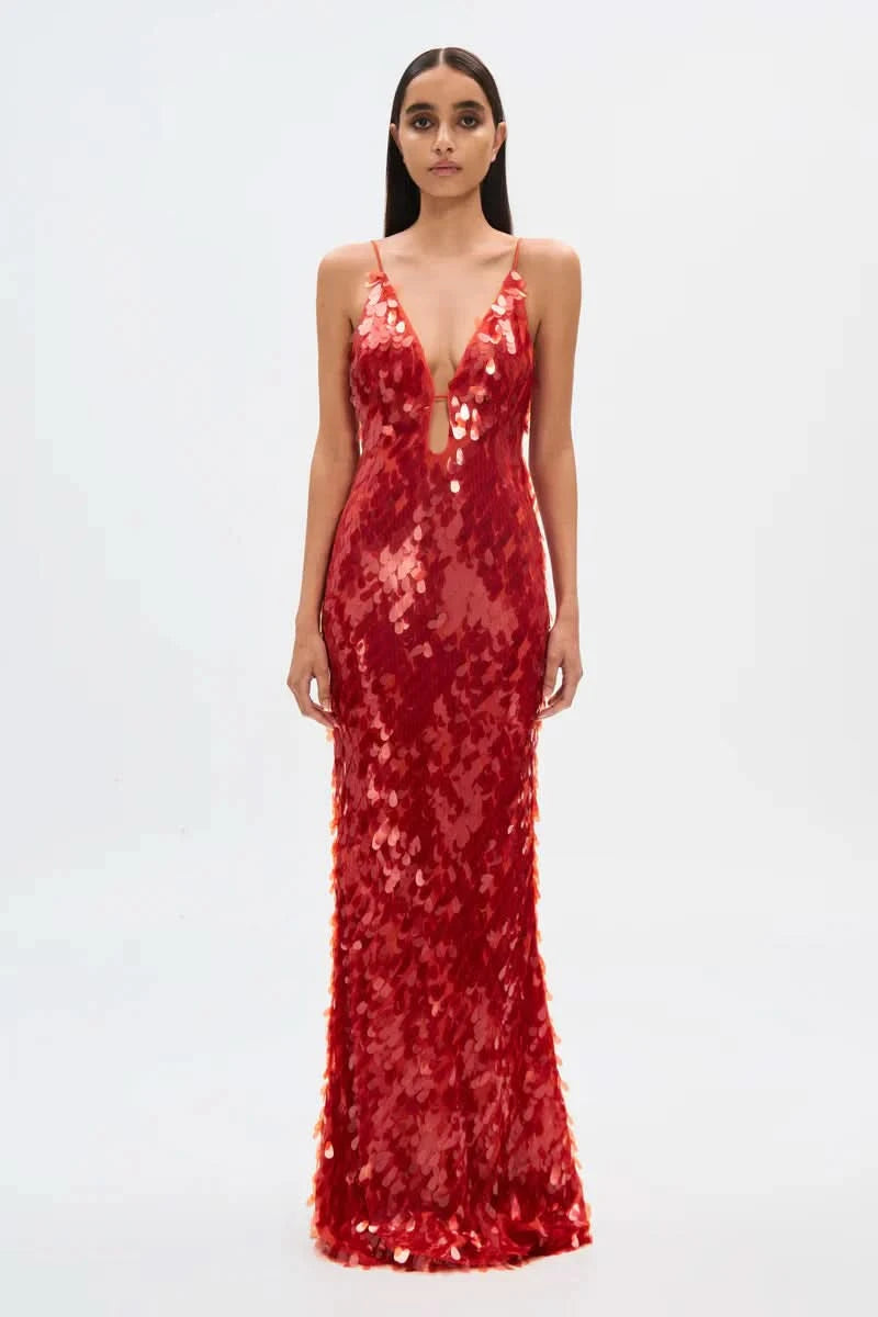 Red sequin v-neck sleeveless maxi dress with floor-length hem