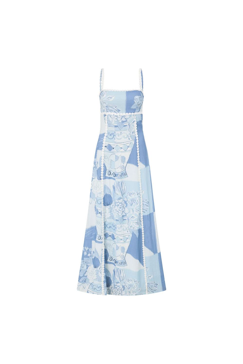 Blue and white floral-inspired midi dress with sleeveless square neckline