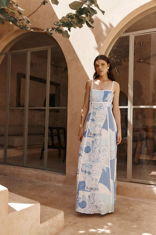 White and periwinkle midi dress with ceramic print and square neckline for women