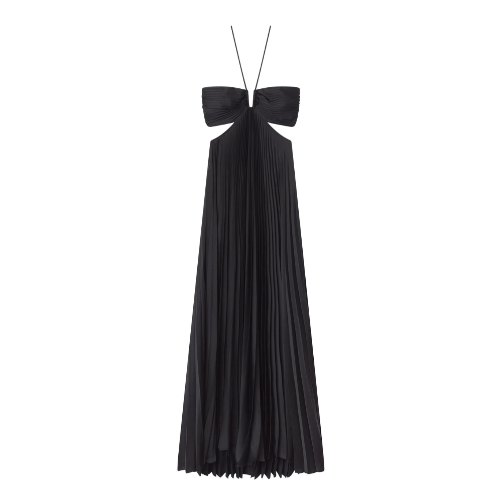 Full-length flat lay of black pleated halter maxi dress with bow cutout detail