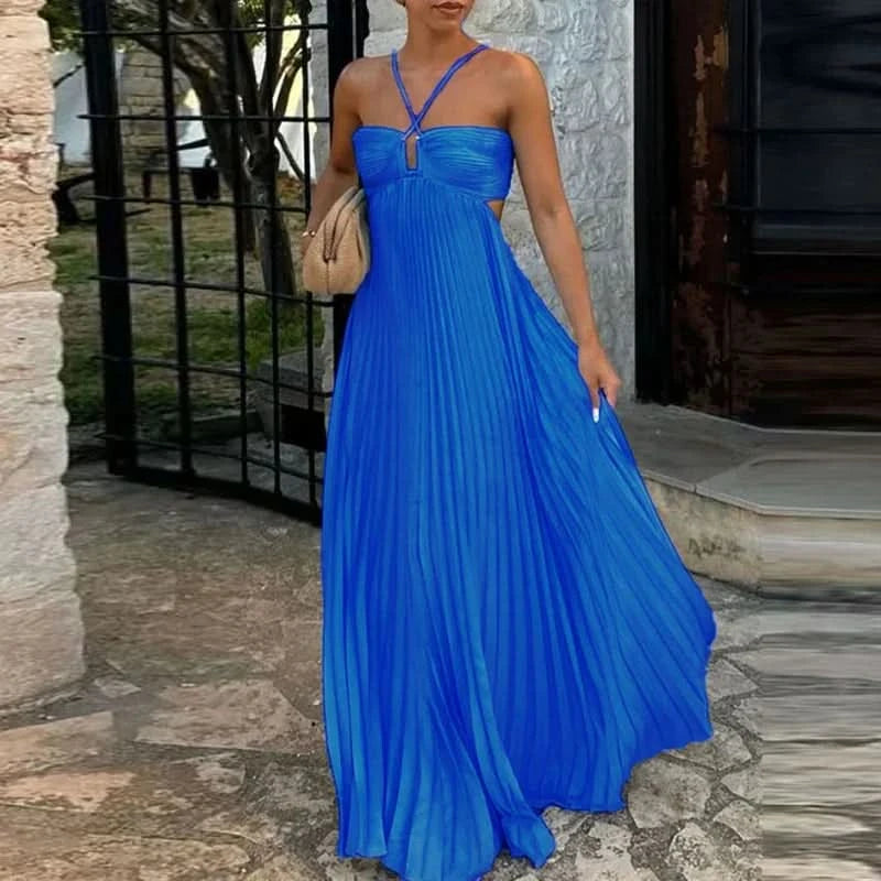 Women's Halter Backless Maxi Dress | Pleated  Romi Fashion