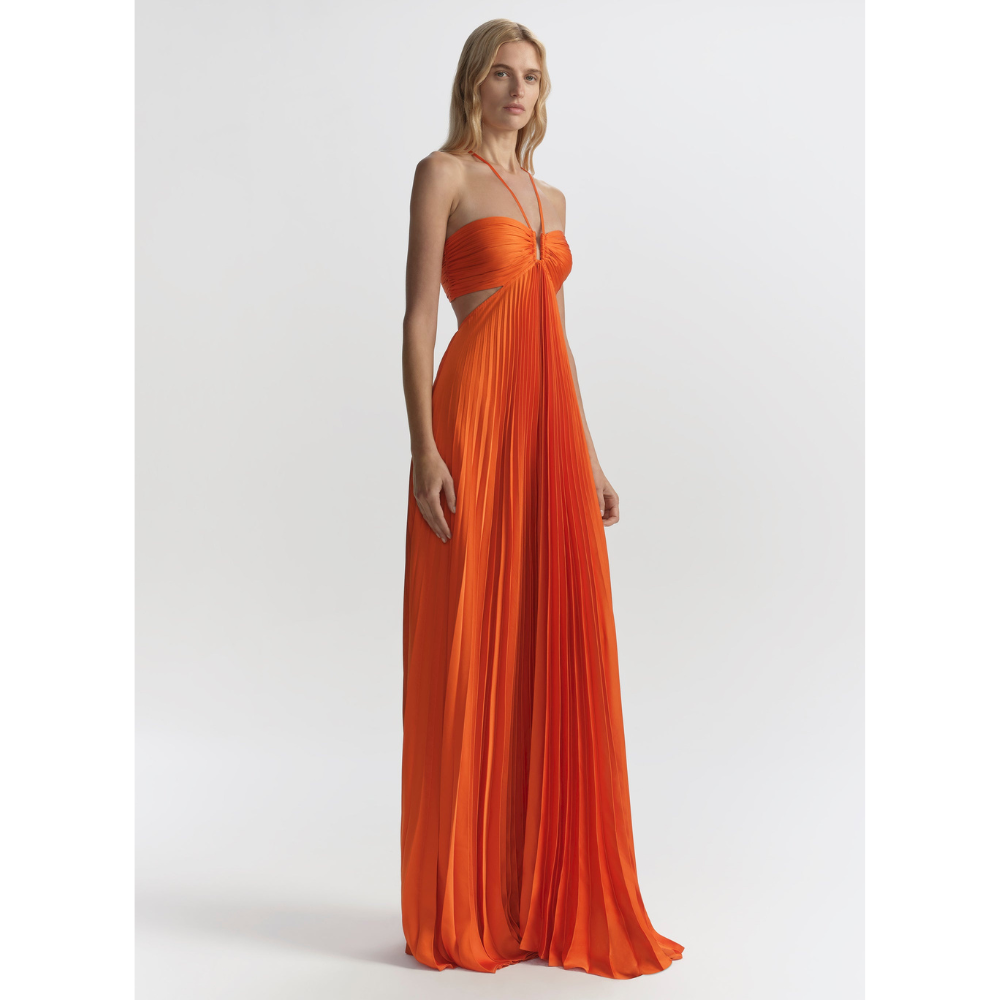 Orange pleated halter maxi dress with side cutout detail