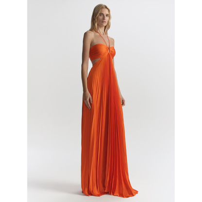 Orange pleated halter maxi dress with side cutout detail