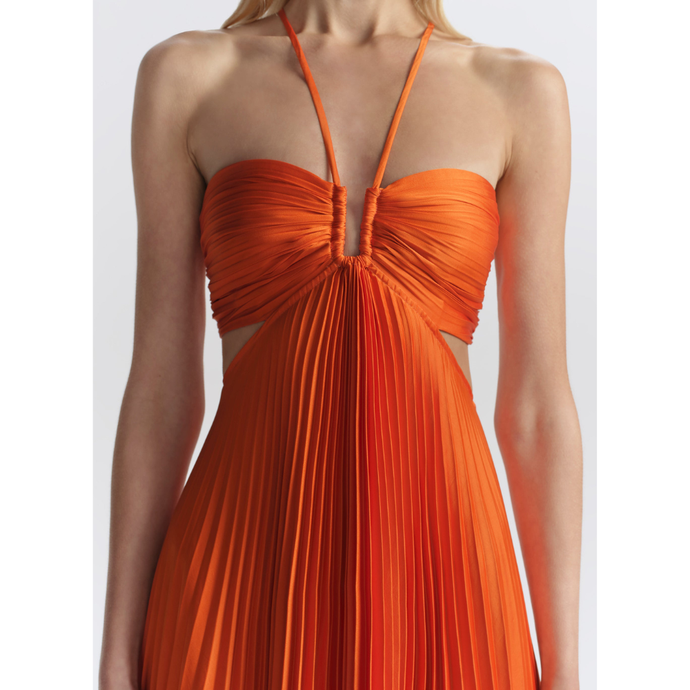 Close-up of orange halter neckline with ruched bust detail