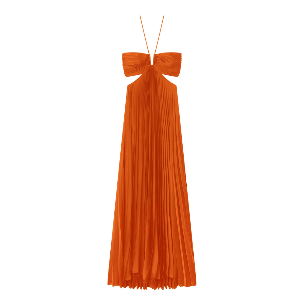 Orange halter maxi dress flat lay showing pleated fabric and bow neckline