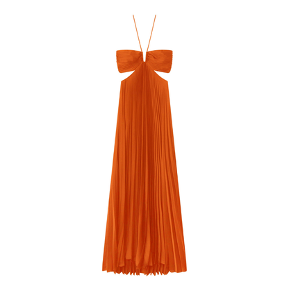 Orange halter maxi dress flat lay showing pleated fabric and bow neckline