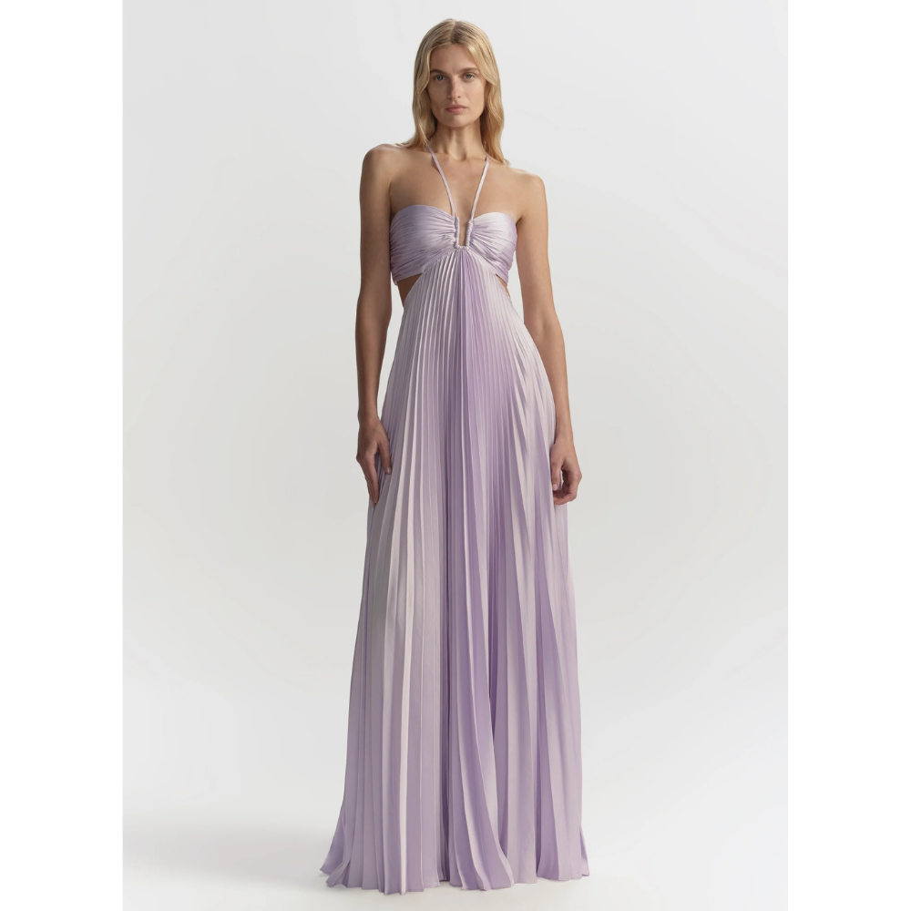 Lavender halter maxi dress with pleated skirt and cutout waist detail