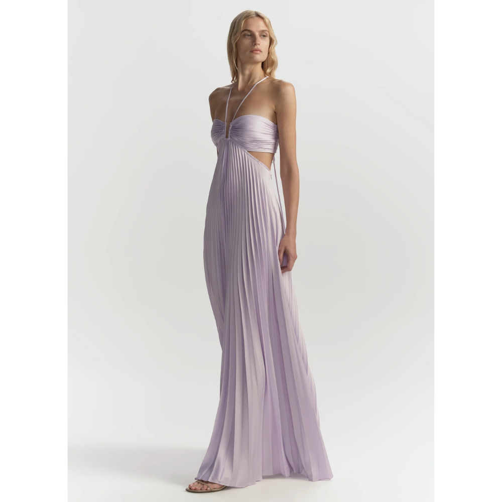 Lilac halter maxi dress side view with pleated bodice and side cutout