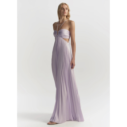 Lilac halter maxi dress side view with pleated bodice and side cutout