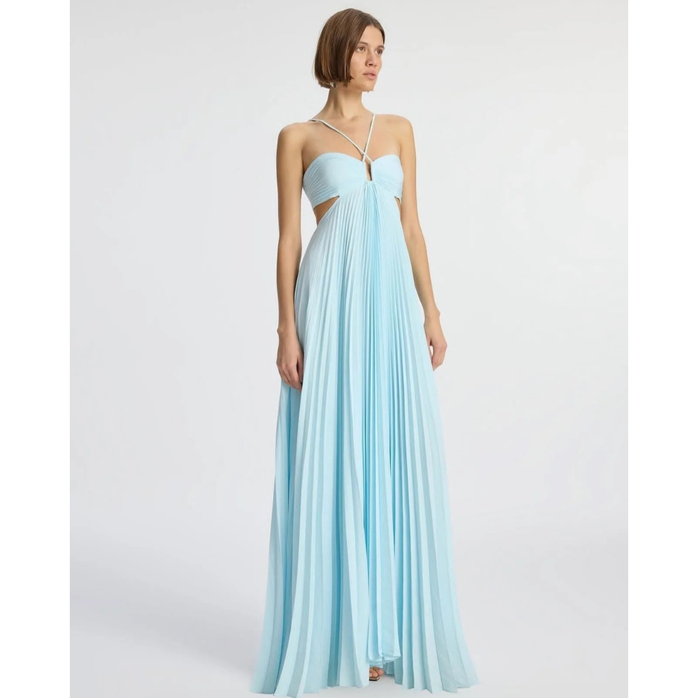 Front view of light blue halter maxi dress with pleated bodice and side cutouts