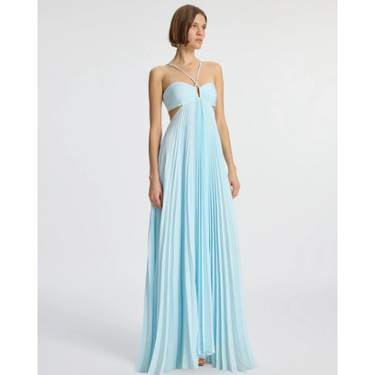 Front view of light blue halter maxi dress with pleated bodice and side cutouts