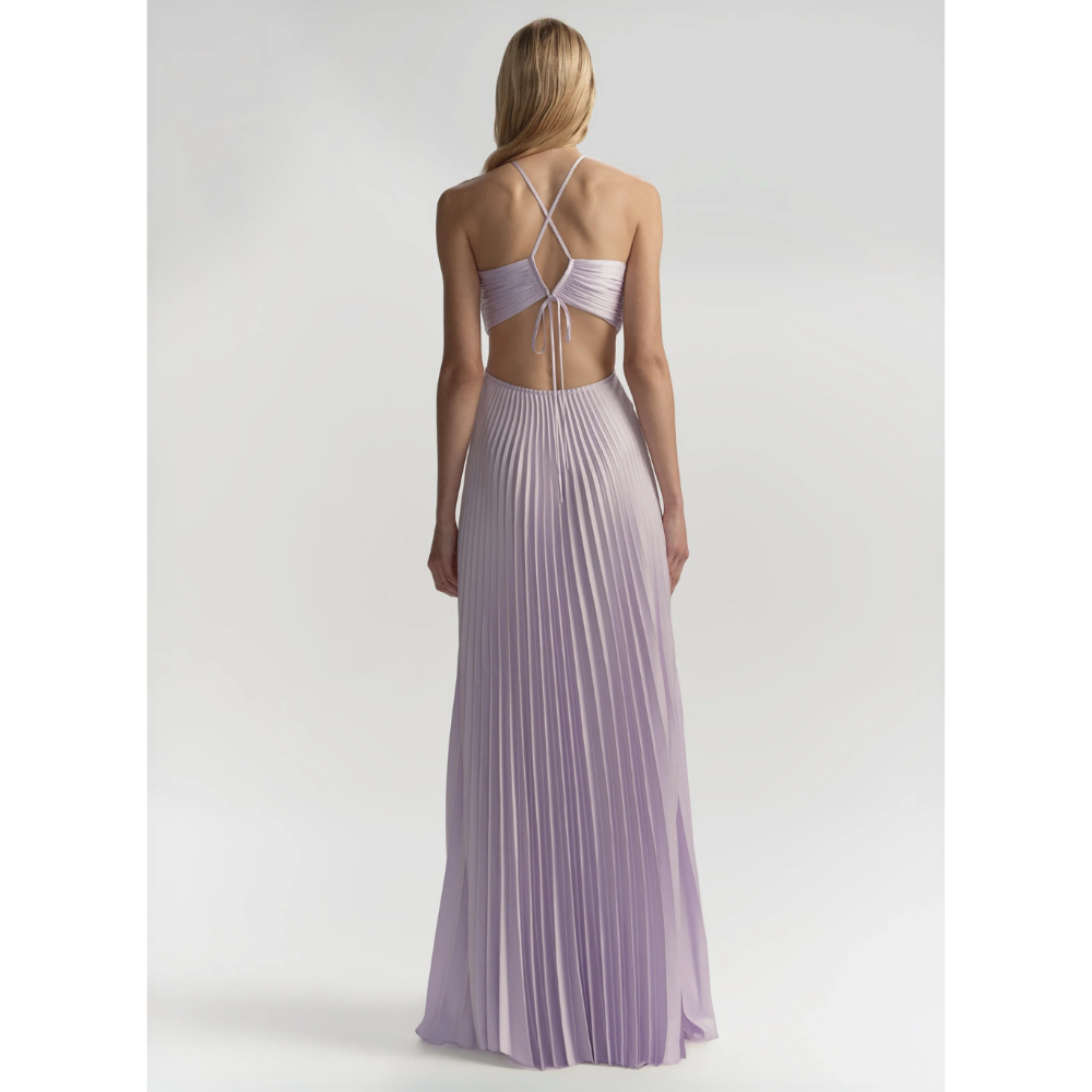 Lavender halter maxi dress back view showing tied halter straps
