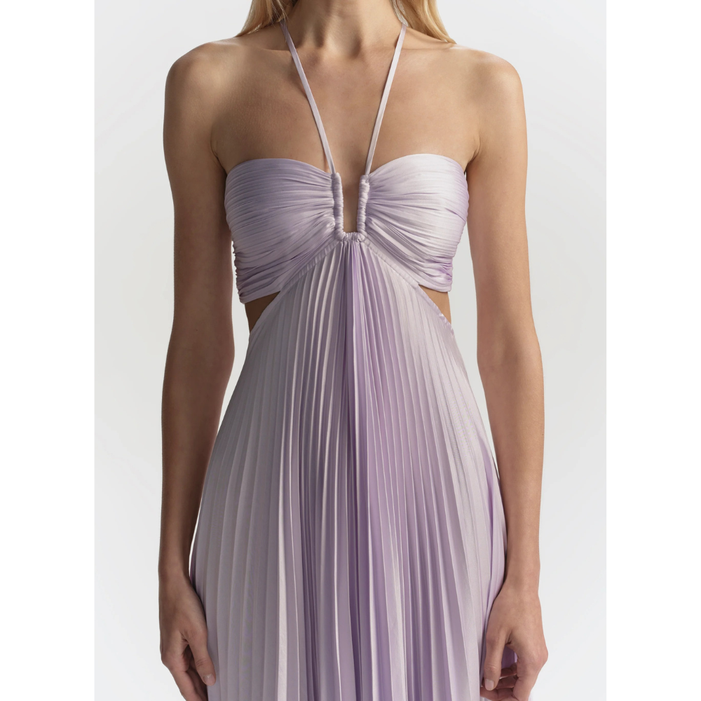 Lavender halter maxi dress with pleated skirt and cutout waist detail