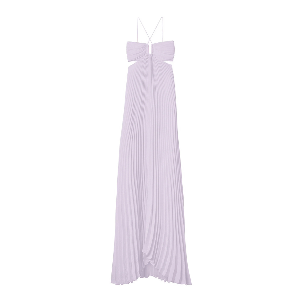 Full length lavender pleated halter maxi dress with bow neckline