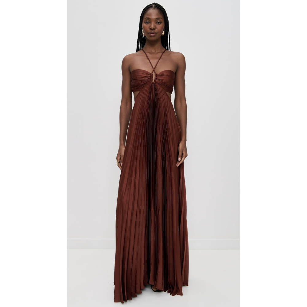 Burgundy halter maxi dress with pleated skirt and cutout front