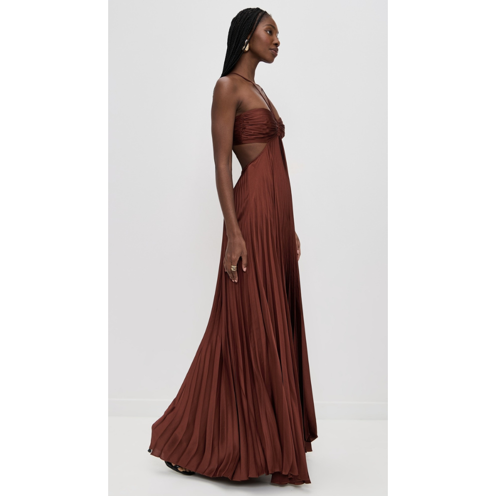 Side view of burgundy pleated halter maxi dress with tie straps
