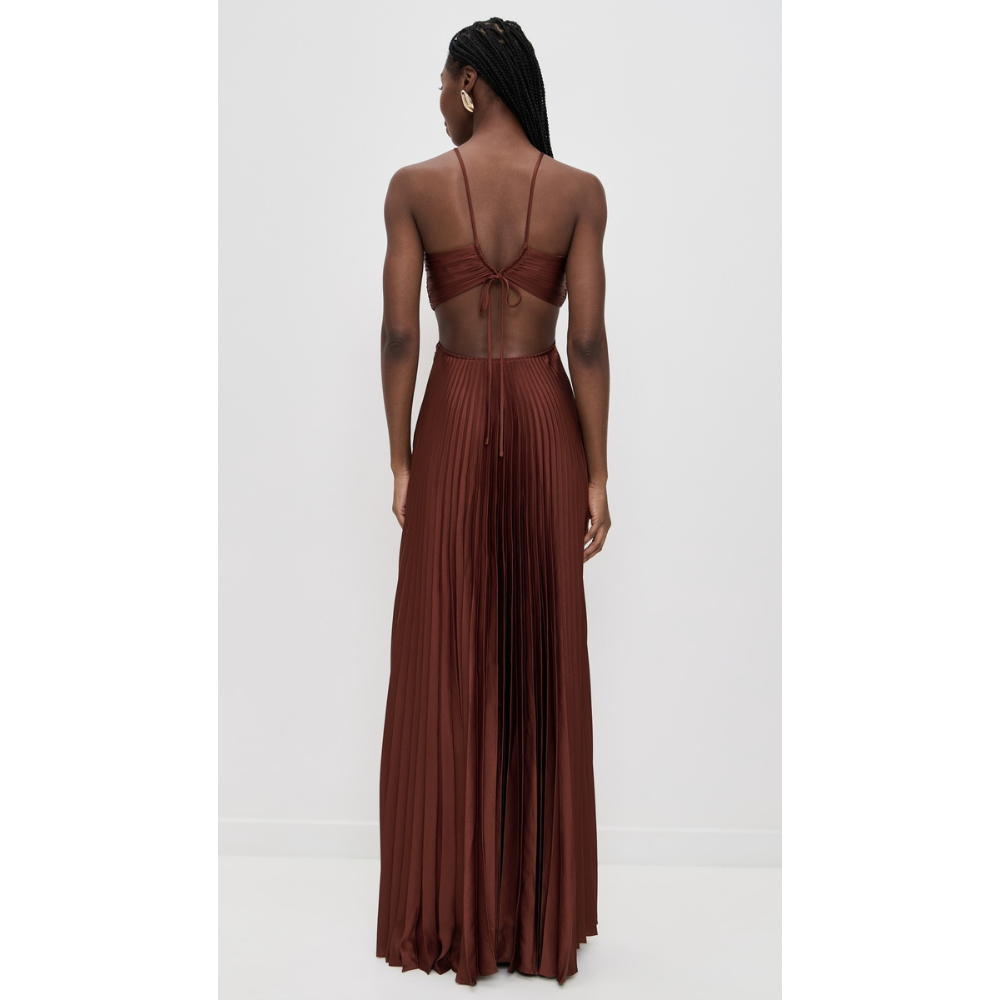 Back view of burgundy halter maxi dress showing open back design