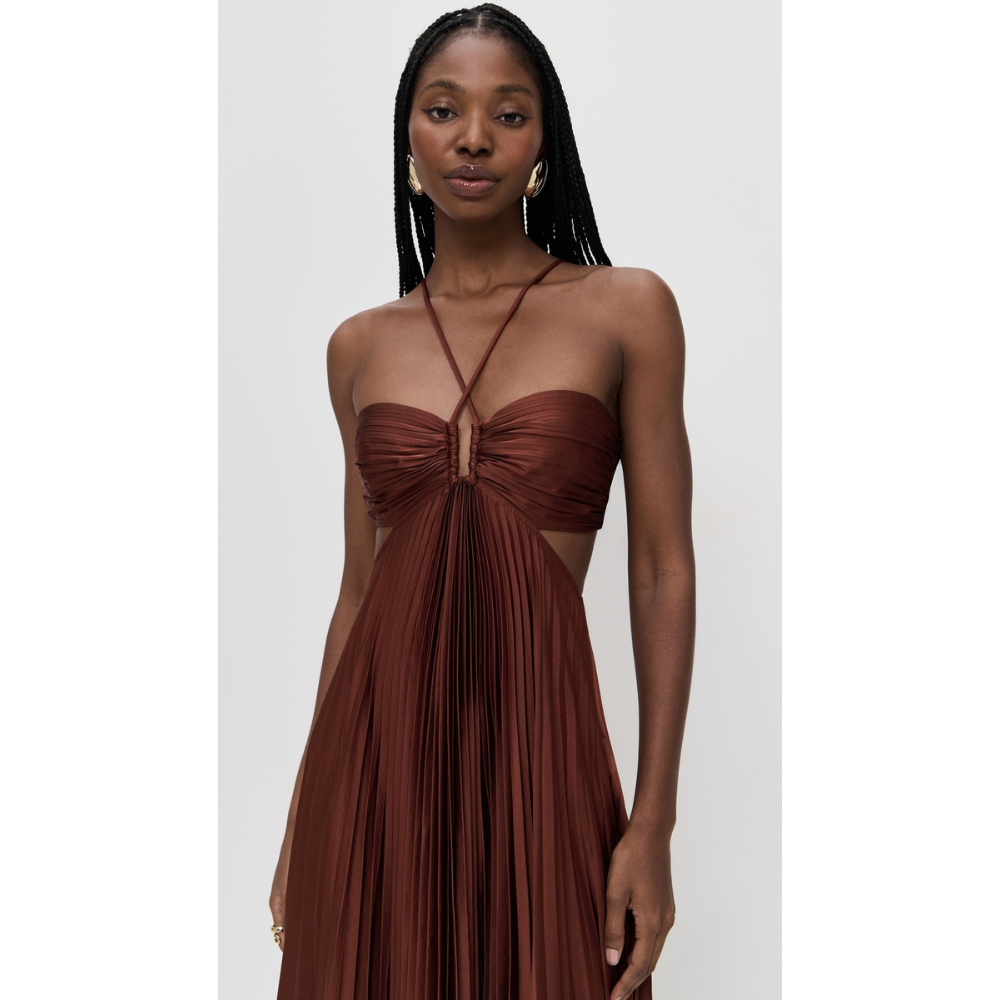 Front detail of burgundy halter maxi dress with ruched bodice