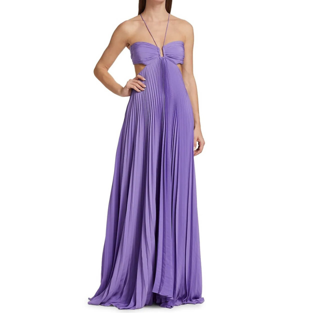 Purple halter maxi dress with pleated skirt and cutout waist