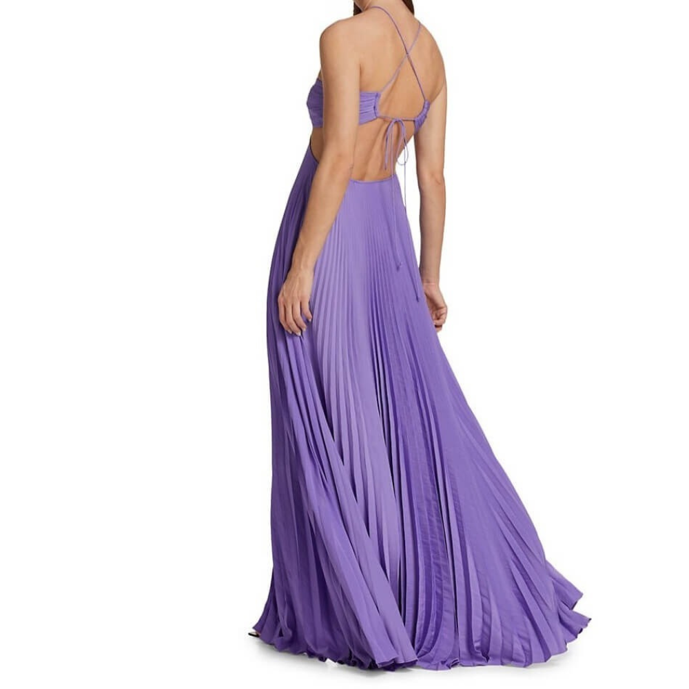 Back view of purple halter maxi dress with tie-back closure