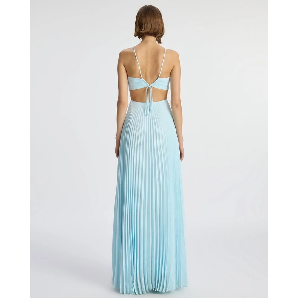 Back view of light blue halter maxi dress showing tied halter straps and open back