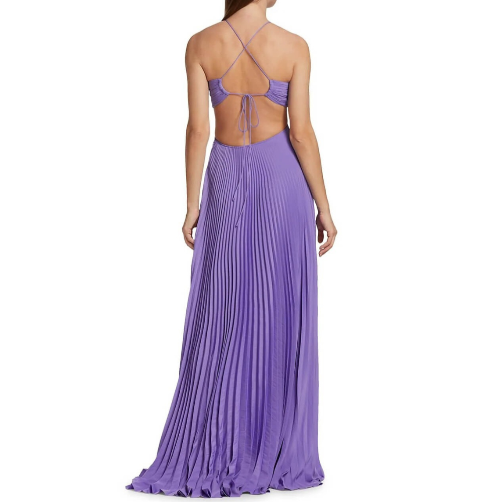 Purple pleated halter maxi dress with open back and flowing skirt