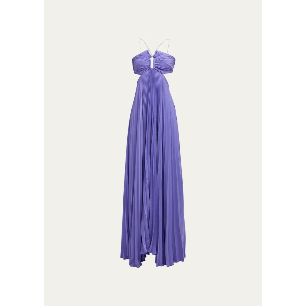 Full length purple halter maxi dress with pleated skirt and bow neckline