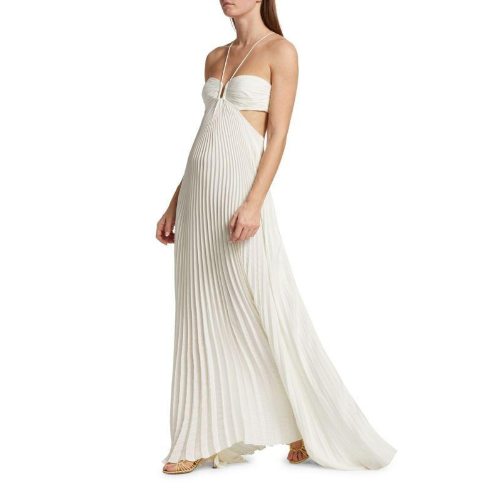 Cream halter maxi dress with pleated skirt and side cutout