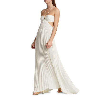 Cream halter maxi dress with pleated skirt and side cutout
