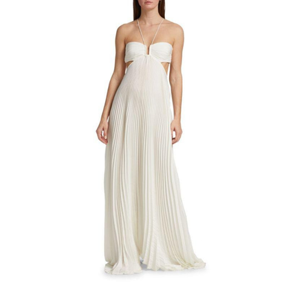 Ivory halter maxi dress with pleated flowing skirt and cutout details